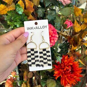 Ink + Alloy - Allison Checkered Beaded Fringe Earrings - Black- NWT